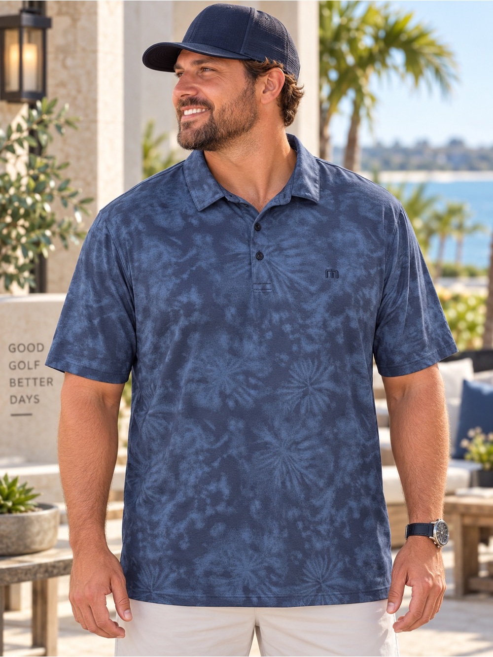TravisMathew Blue Tie Dye Floral Golf Polo Shirt XXL Performance Casual #218